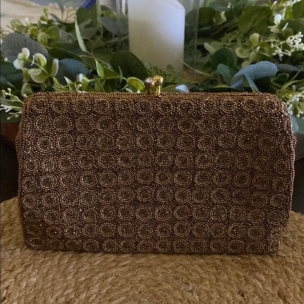 Vintage chocolate brown seed bead clutch made in Belgium
